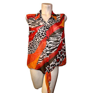 CHICO'S Top Size XL (3) Red Sheer Animal Print Button Shirt w/Strap Tie Hem